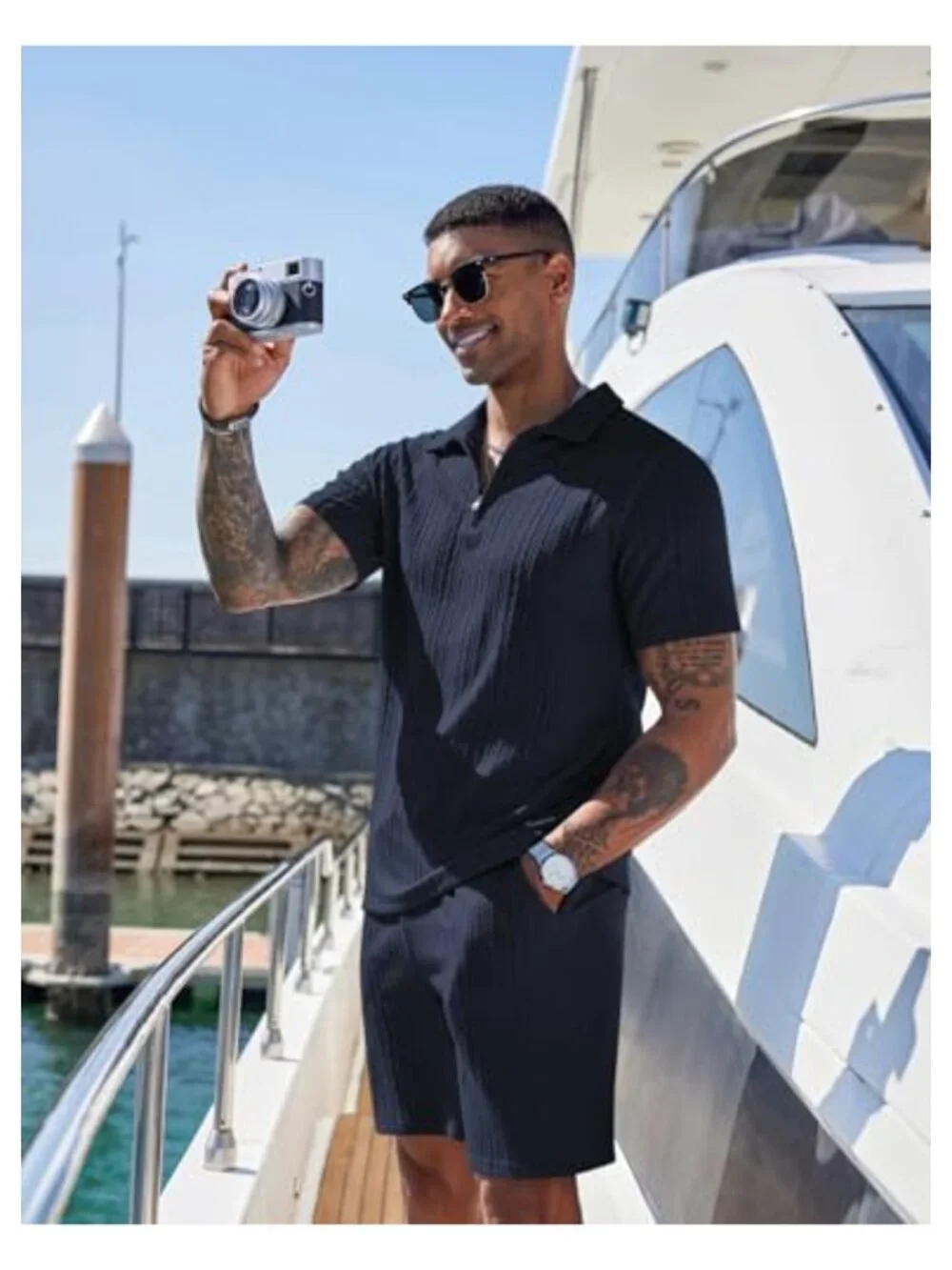 Men's 2 Piece Athletic Set Quarter Zip Polo Shirt and Shorts Tracksuit